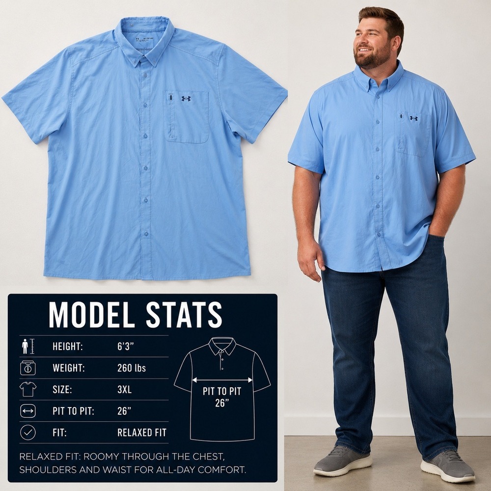 Under Armour Mens 3XL Blue Short Sleeve Button Down Performance Shirt Fitted